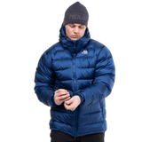 Stitch-through baffle construction detail on Mountain Equipment Lightline Men's Jacket in Admiral Blue showing 700 fill power down insulation