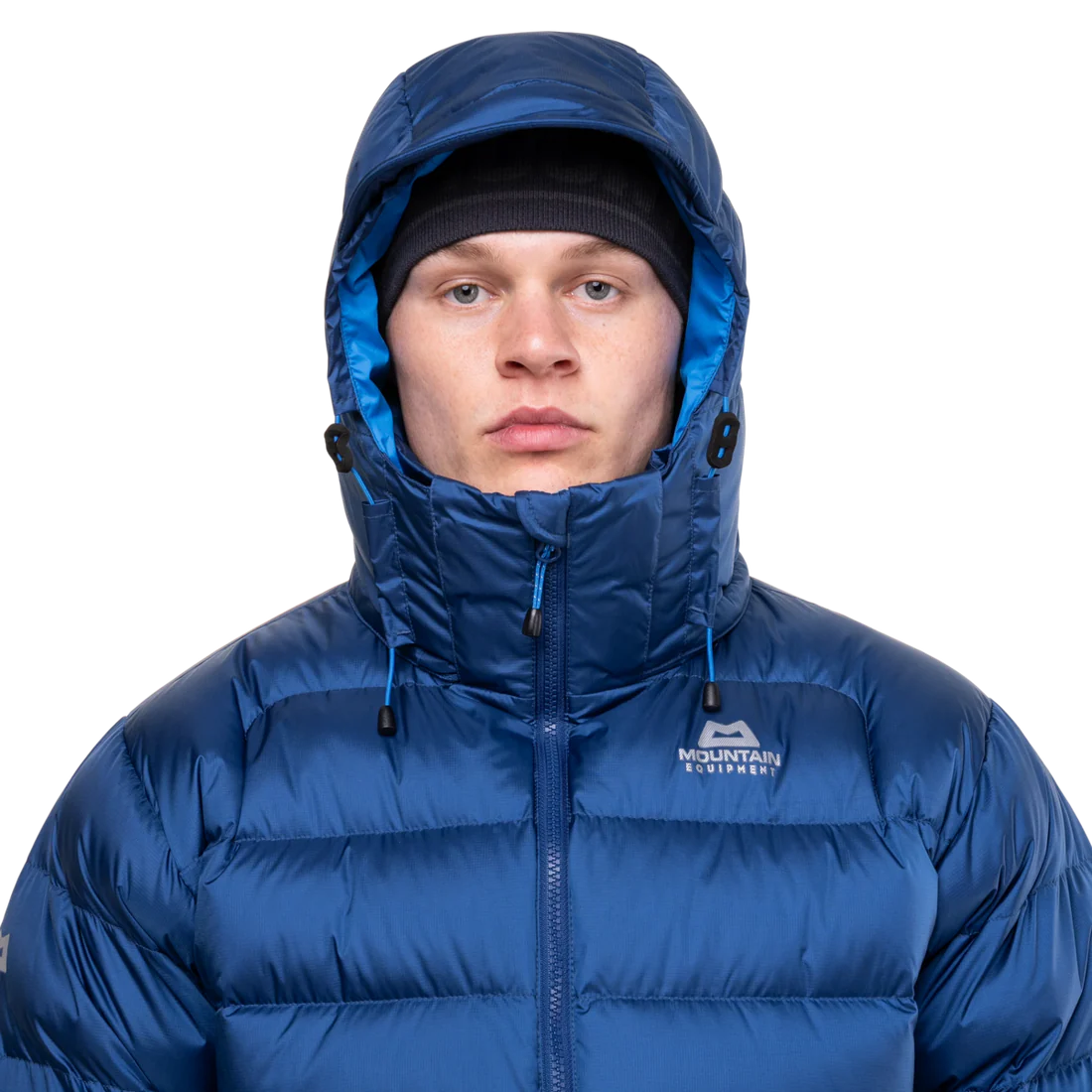 Zip-off Mountain Insulated Hood detail on Mountain Equipment Lightline Men's Jacket in Admiral Blue