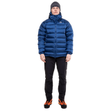 Mountain Equipment Lightline Men's Jacket in Admiral Blue - lifestyle view showing technical duvet jacket for mountaineering in sub-zero conditions
