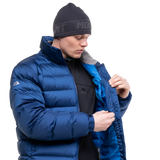 Mountain Equipment Lightline Men's Jacket in Admiral Blue packed into stuff sack showing lightweight packable construction