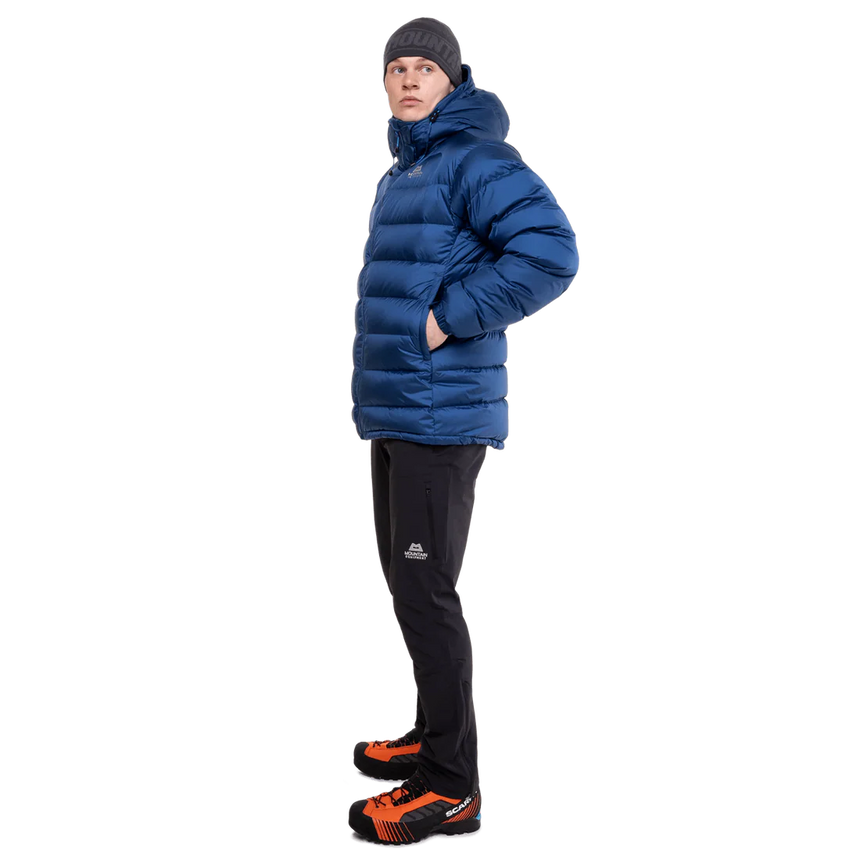 Zipped hand warmer pocket detail on Mountain Equipment Lightline Men's Jacket in Admiral Blue