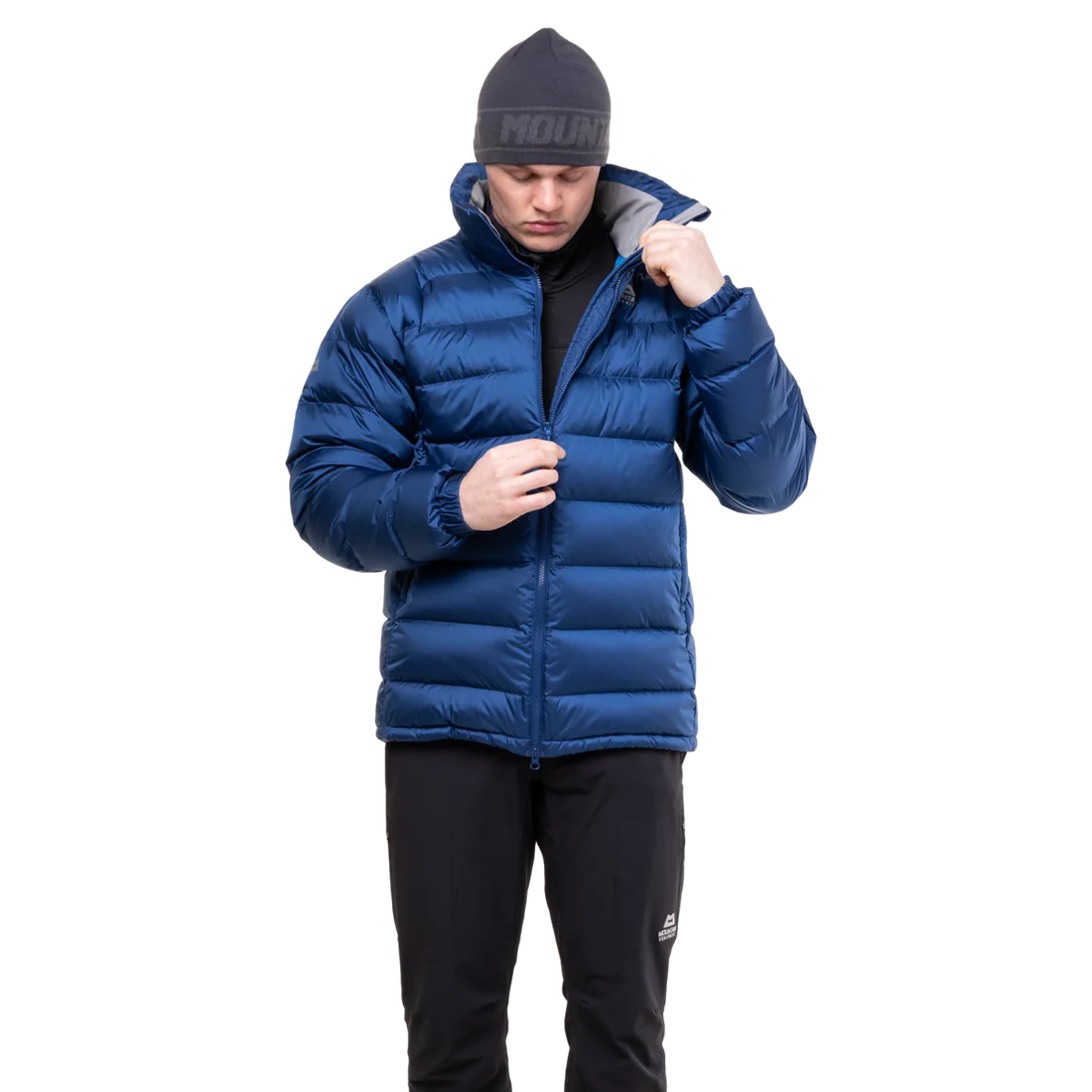 2-way YKK moulded centre front zip detail on Mountain Equipment Lightline Men's Jacket in Admiral Blue