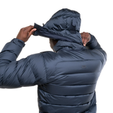 Dual tether hem drawcord detail on Mountain Equipment Lightline Men's Jacket in Blue Nights/Cosmos
