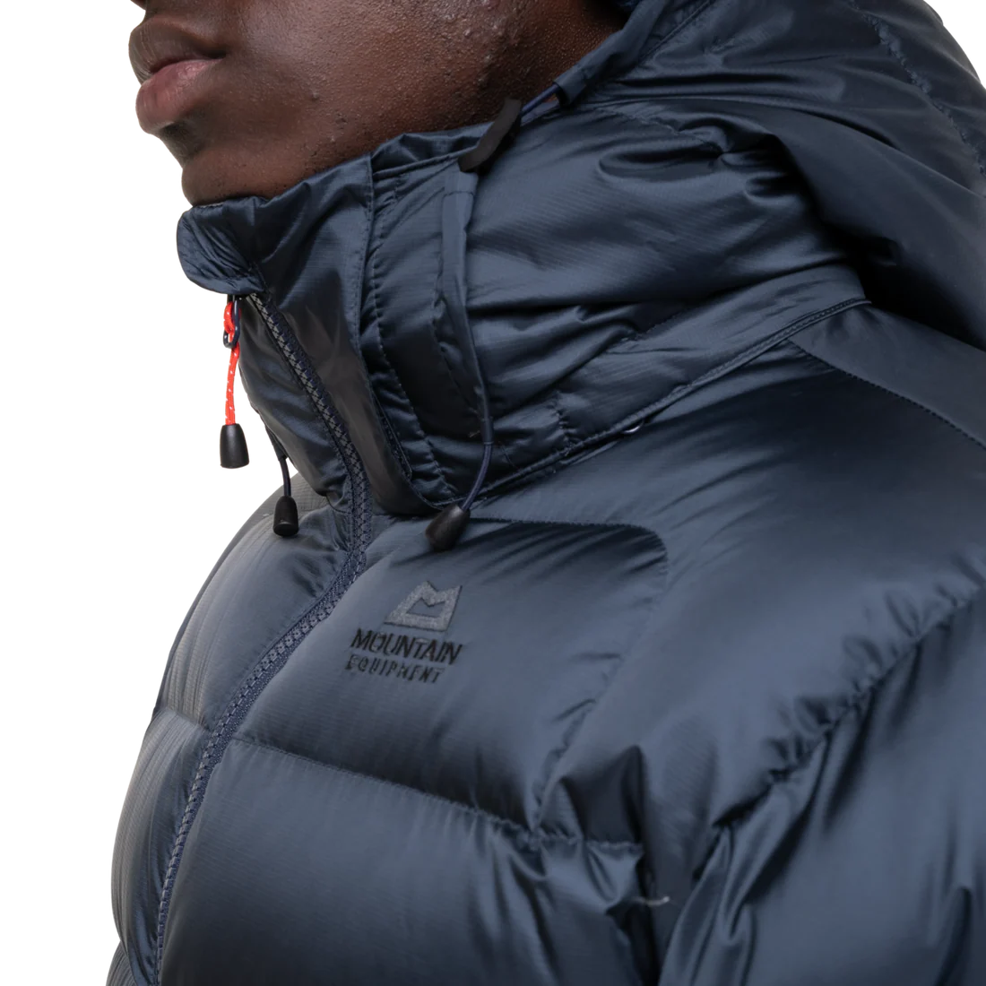 Zip-off Mountain Insulated Hood detail on Mountain Equipment Lightline Men's Jacket in Blue Nights/Cosmos