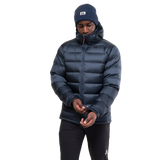 Mountain Equipment Lightline Men's Jacket in Blue Nights/Cosmos with hood removed showing high collar construction