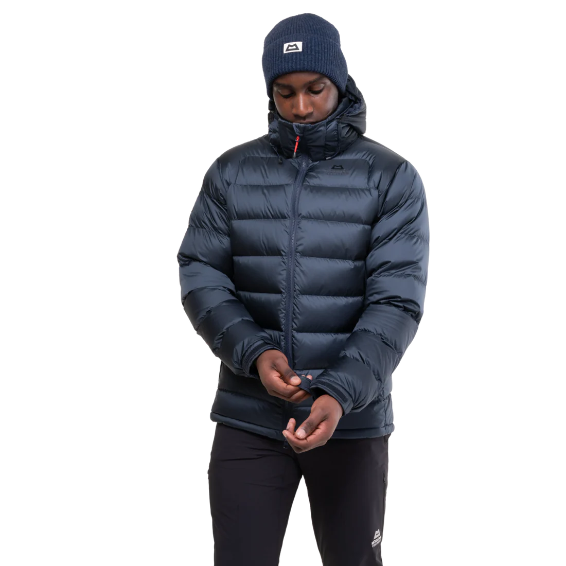 Mountain Equipment Lightline Men's Jacket in Blue Nights/Cosmos with hood removed showing high collar construction