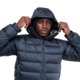 Mountain Equipment Lightline Men's Jacket in Blue Nights/Cosmos - lifestyle view showing technical duvet jacket for mountaineering in sub-zero conditions