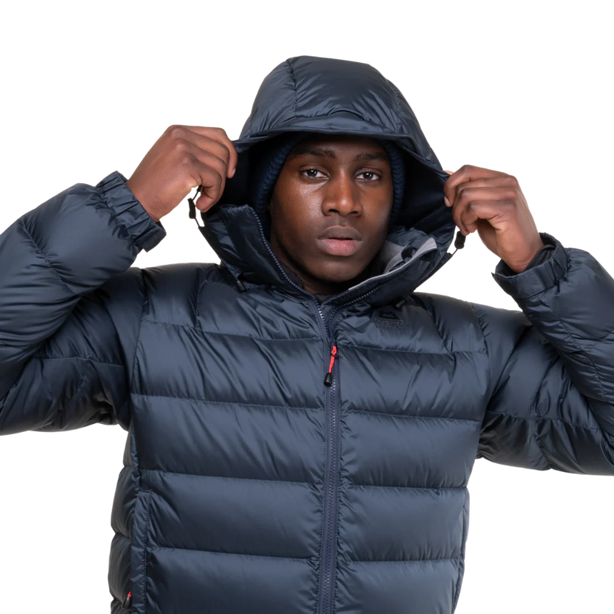Mountain Equipment Lightline Men's Jacket in Blue Nights/Cosmos - lifestyle view showing technical duvet jacket for mountaineering in sub-zero conditions
