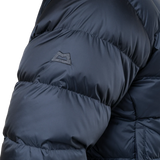 Mountain Equipment Lightline Men's Jacket in Blue Nights/Cosmos - lifestyle view showing iconic benchmark down jacket for cold weather alpine use