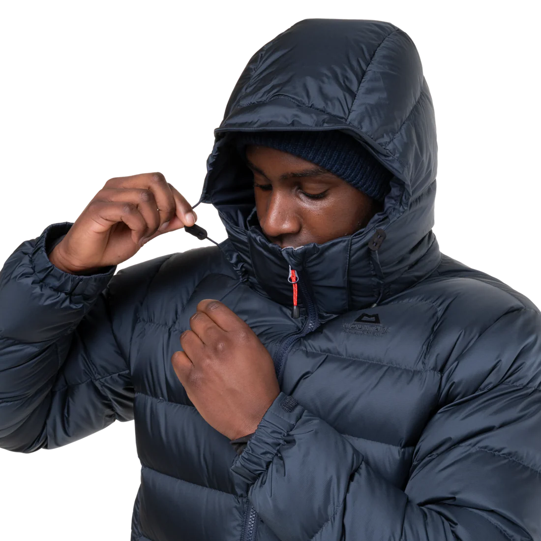 Mountain Equipment Lightline Men's Jacket in Blue Nights/Cosmos - side view showing dual tether hem drawcords and adjustable elasticated cuffs