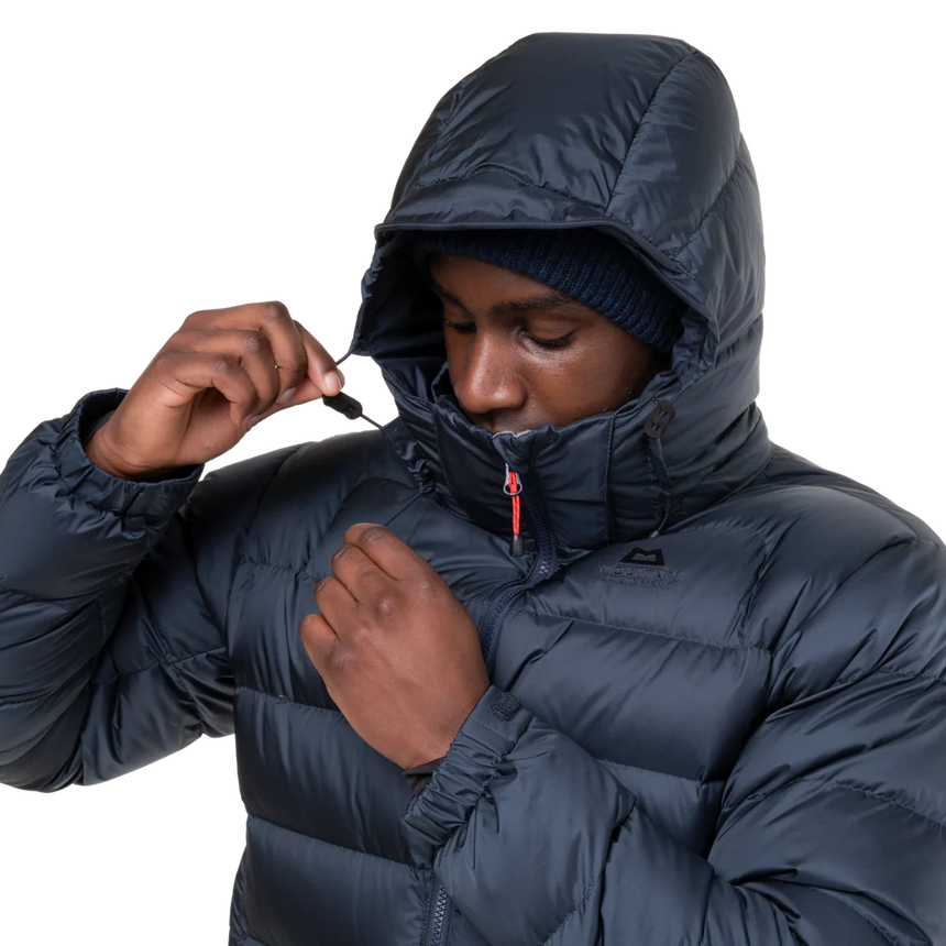 Mountain Equipment Lightline Men's Jacket in Blue Nights/Cosmos - side view showing dual tether hem drawcords and adjustable elasticated cuffs
