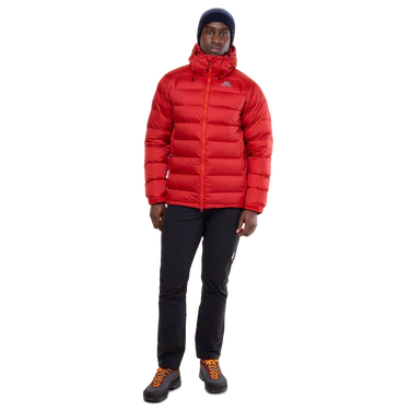 Mountain Equipment Lightline Men's Jacket in Chili Red - lifestyle view showing technical duvet jacket for mountaineering in sub-zero conditions