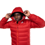 Zipped hand warmer pocket detail on Mountain Equipment Lightline Men's Jacket in Chili Red