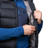 Mountain Equipment Lightline Men's Vest in Black - detail view showing 2-way YKK moulded centre front zip and internal baffle construction