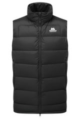 Mountain Equipment Lightline Men's Vest in Black - front view showing stitch-through baffle construction and dual tether hem drawcords