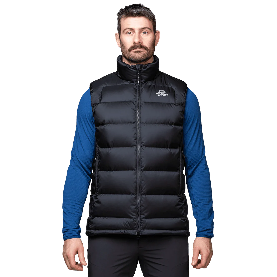 Mountain Equipment Lightline Men's Vest in Black - front view showing Drilite Loft outer and 2-way YKK moulded centre front zip