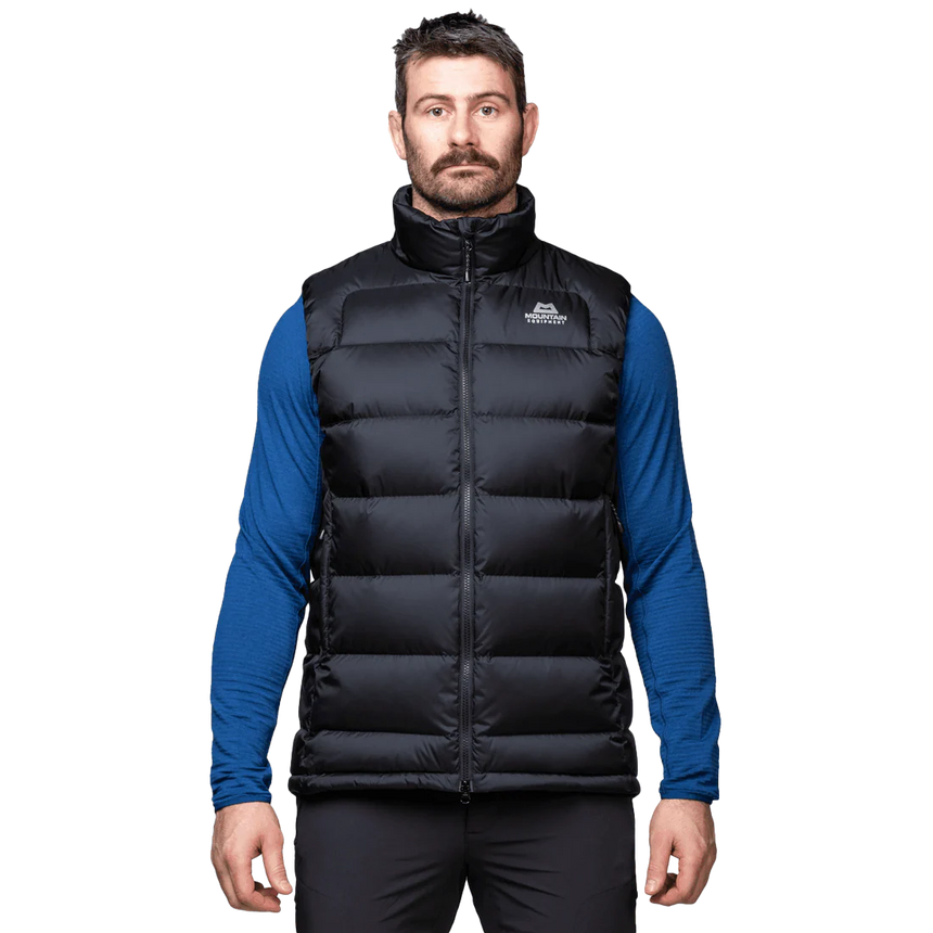Mountain Equipment Lightline Men's Vest in Black - front view showing Drilite Loft outer and 2-way YKK moulded centre front zip