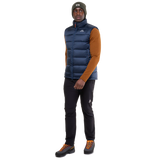 Mountain Equipment Lightline Men's Vest in Navy - back view showing stitch-through baffle construction and dual tether hem drawcords