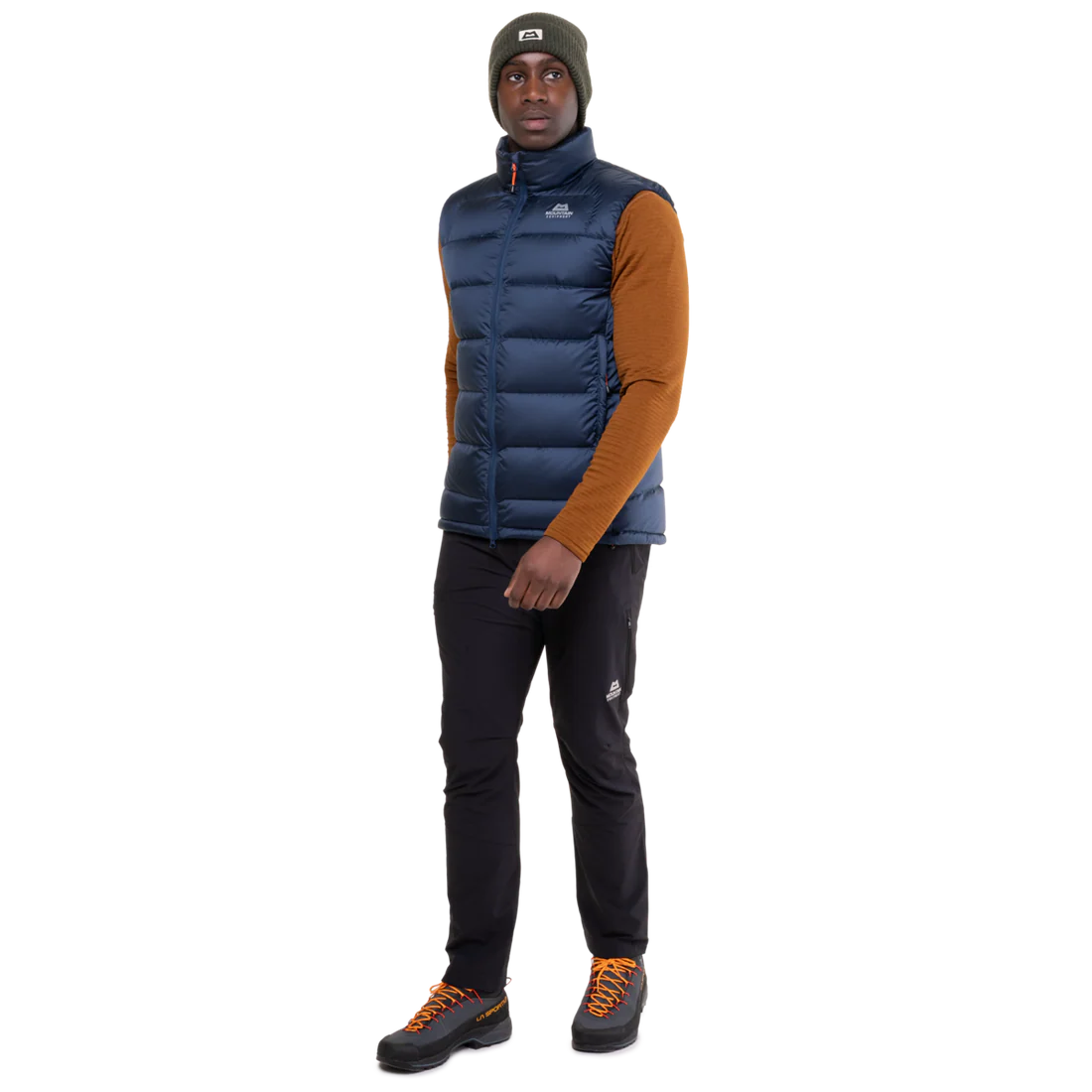 Mountain Equipment Lightline Men's Vest in Navy - back view showing stitch-through baffle construction and dual tether hem drawcords