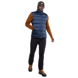 Mountain Equipment Lightline Men's Vest in Navy - detail view showing zipped hand warmer pocket and Drilite Loft windproof outer fabric