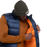 Mountain Equipment Lightline Men's Vest in Navy - detail view showing 2-way YKK moulded centre front zip and internal baffle construction