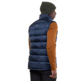 Mountain Equipment Lightline Men's Vest in Navy - lifestyle view showing super warm down vest for mountaineering and cold weather use
