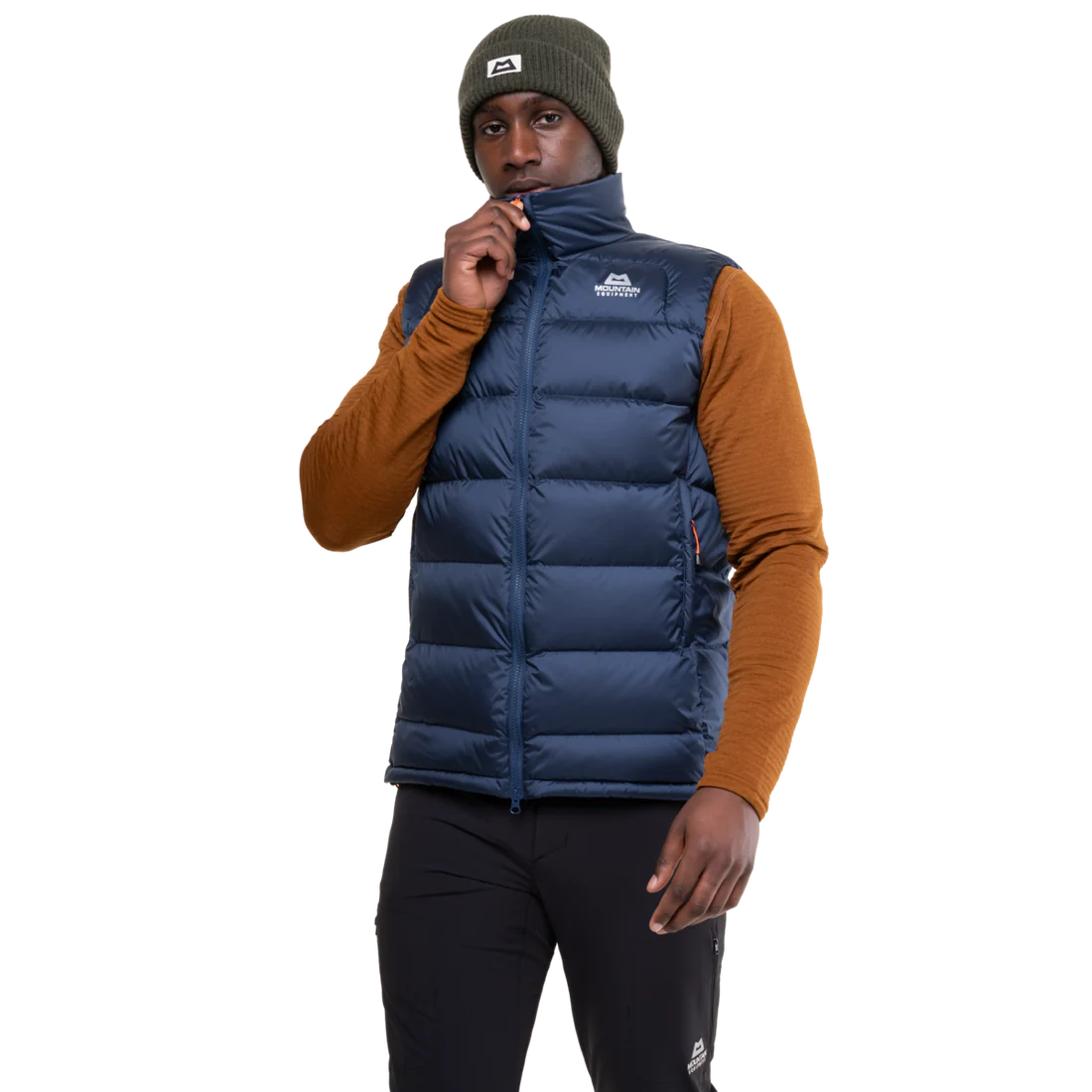 Mountain Equipment Lightline Men's Vest in Navy - side view showing 700 fill power down insulation and low bulk active fit