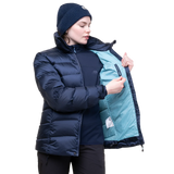 Stitch-through baffle construction detail on Mountain Equipment Lightline Women's Jacket in Cosmos showing 700 fill power down insulation