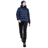 Mountain Equipment Lightline Women's Jacket in Cosmos - lifestyle view showing technical duvet jacket for mountaineering in sub-zero conditions
