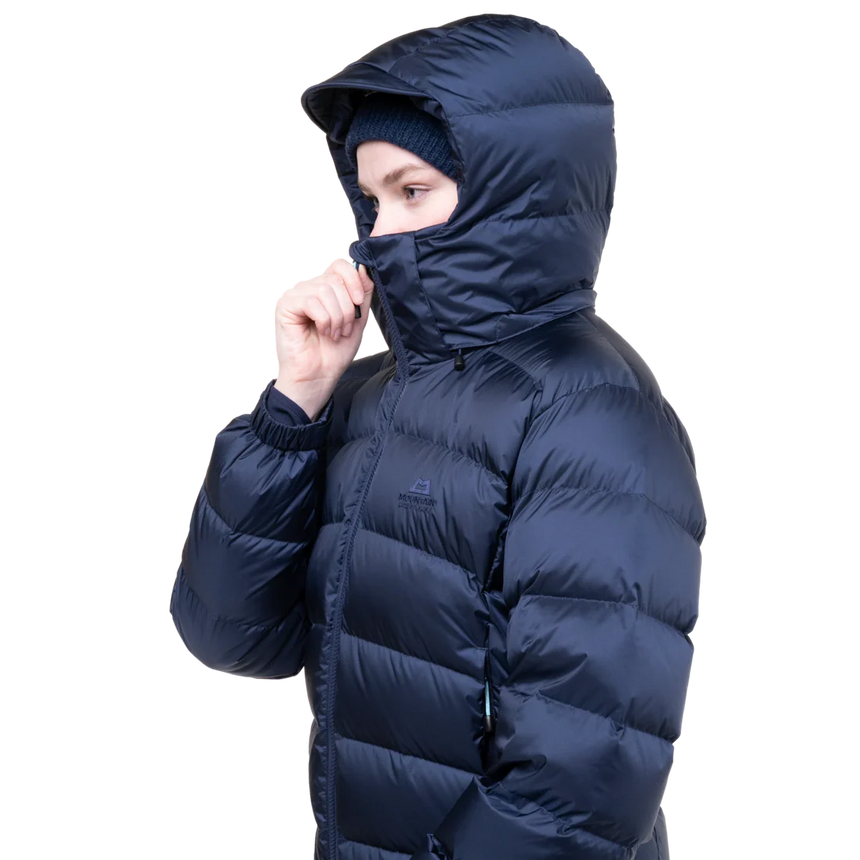 Mountain Equipment Lightline Women's Jacket in Cosmos - side view showing dual tether hem drawcords and adjustable elasticated cuffs