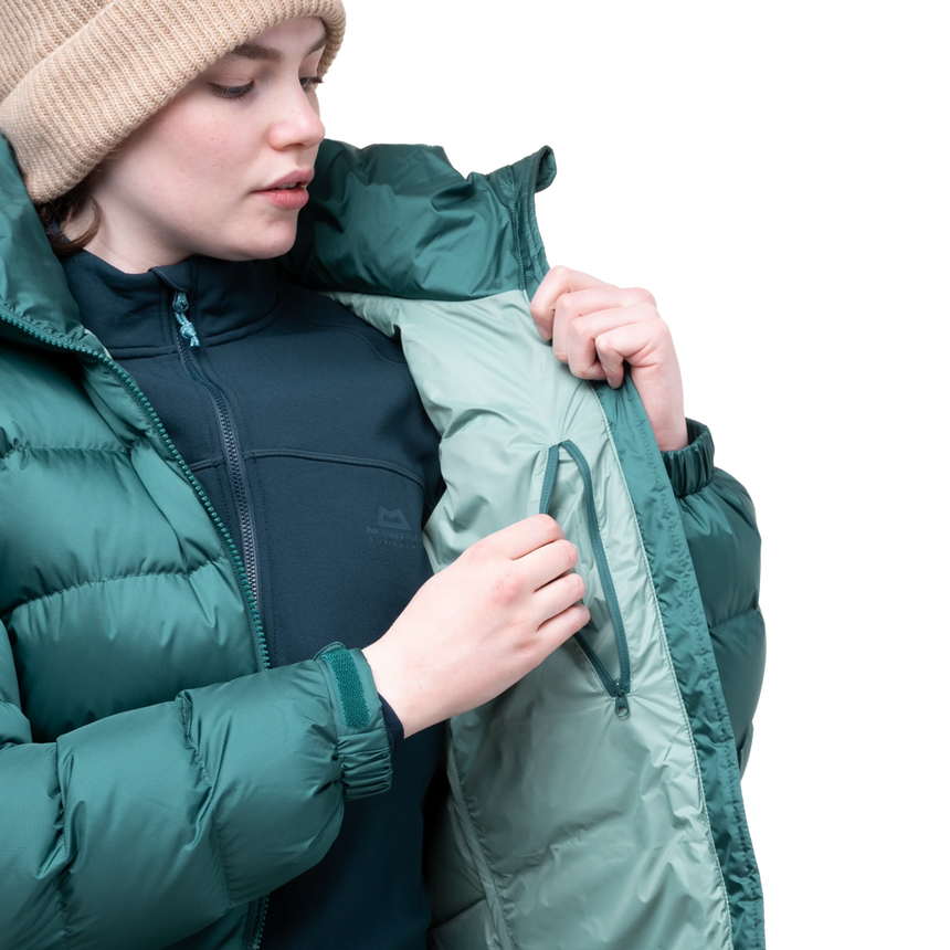 Mountain Equipment Lightline Women's Jacket in Deep Teal - back view showing stitch-through baffle construction and Mountain fit