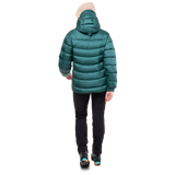 Stitch-through baffle construction detail on Mountain Equipment Lightline Women's Jacket in Deep Teal showing 700 fill power down insulation