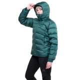 Zip-off Mountain Insulated Hood detail on Mountain Equipment Lightline Women's Jacket in Deep Teal