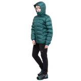 Mountain Equipment Lightline Women's Jacket in Deep Teal - lifestyle view showing technical duvet jacket for mountaineering in sub-zero conditions