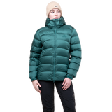 Mountain Equipment Lightline Women's Jacket in Deep Teal packed into stuff sack showing lightweight packable construction