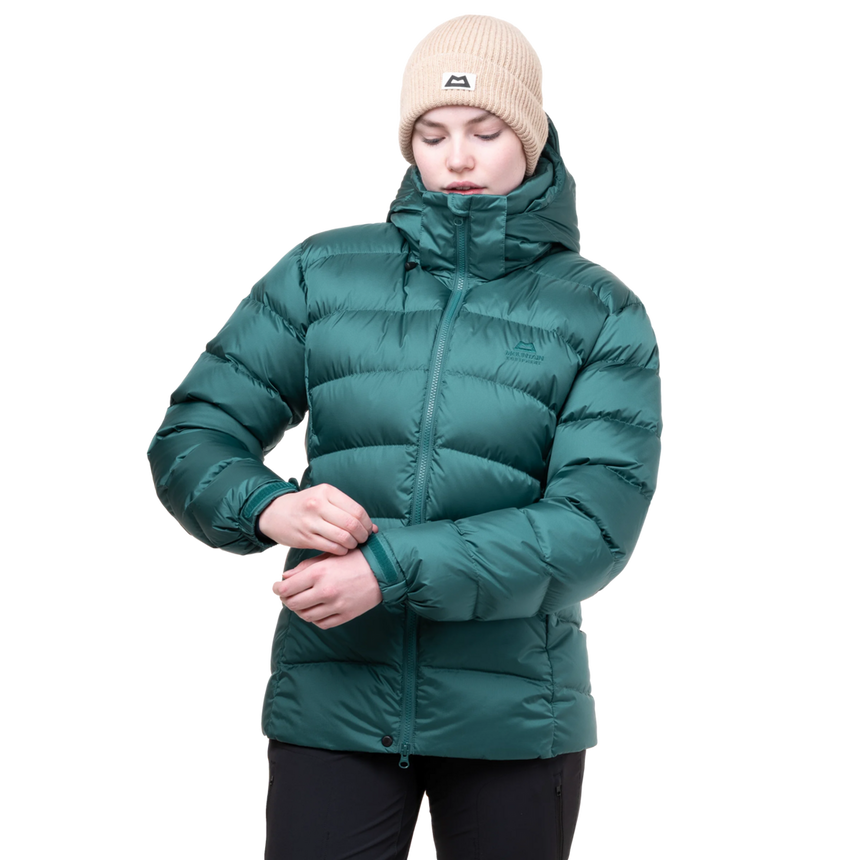 Mountain Equipment Lightline Women's Jacket in Deep Teal - side view showing dual tether hem drawcords and adjustable elasticated cuffs