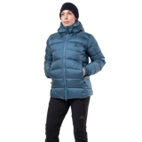 Mountain Equipment Lightline Women's Jacket in Stellar Blue - front view showing Drilite Loft outer and zip-off Mountain Insulated Hood