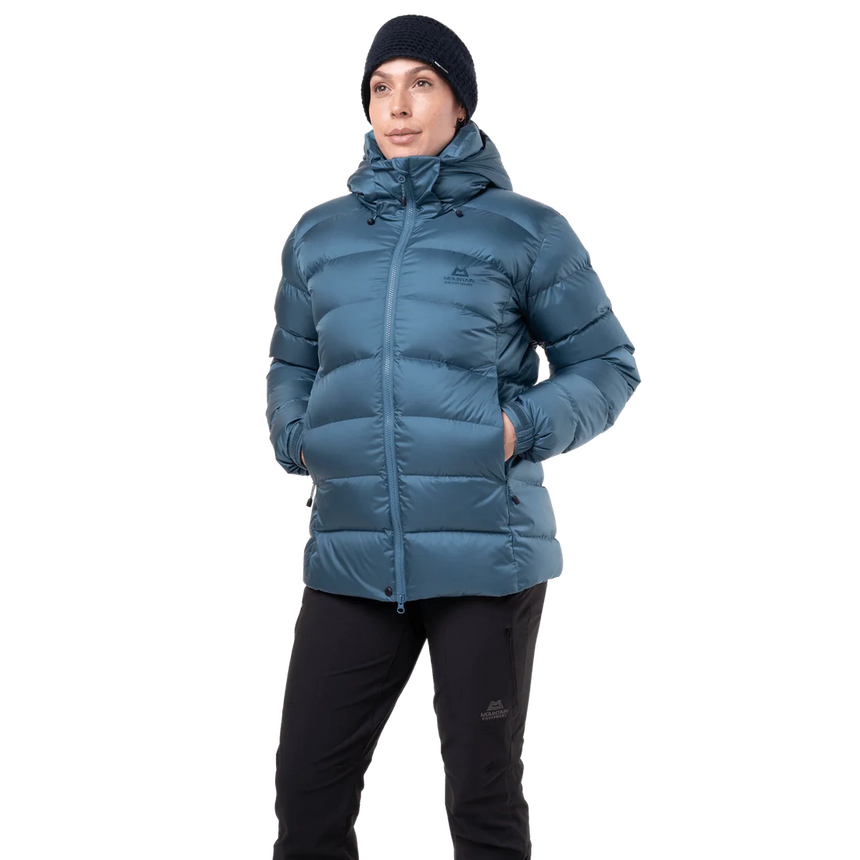 Mountain Equipment Lightline Women's Jacket in Stellar Blue - front view showing Drilite Loft outer and zip-off Mountain Insulated Hood
