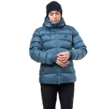 Mountain Equipment Lightline Women's Jacket in Stellar Blue packed into stuff sack showing lightweight packable construction