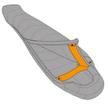 Anatomically shaped foot box detail on Mountain Equipment Nova II Women's Sleeping Bag in Ink/Pumpkin Spice