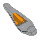 Anatomically shaped hood with integrated collar and Lode Lock closure detail on Mountain Equipment Nova II Women's Sleeping Bag in Ink/Pumpkin Spice