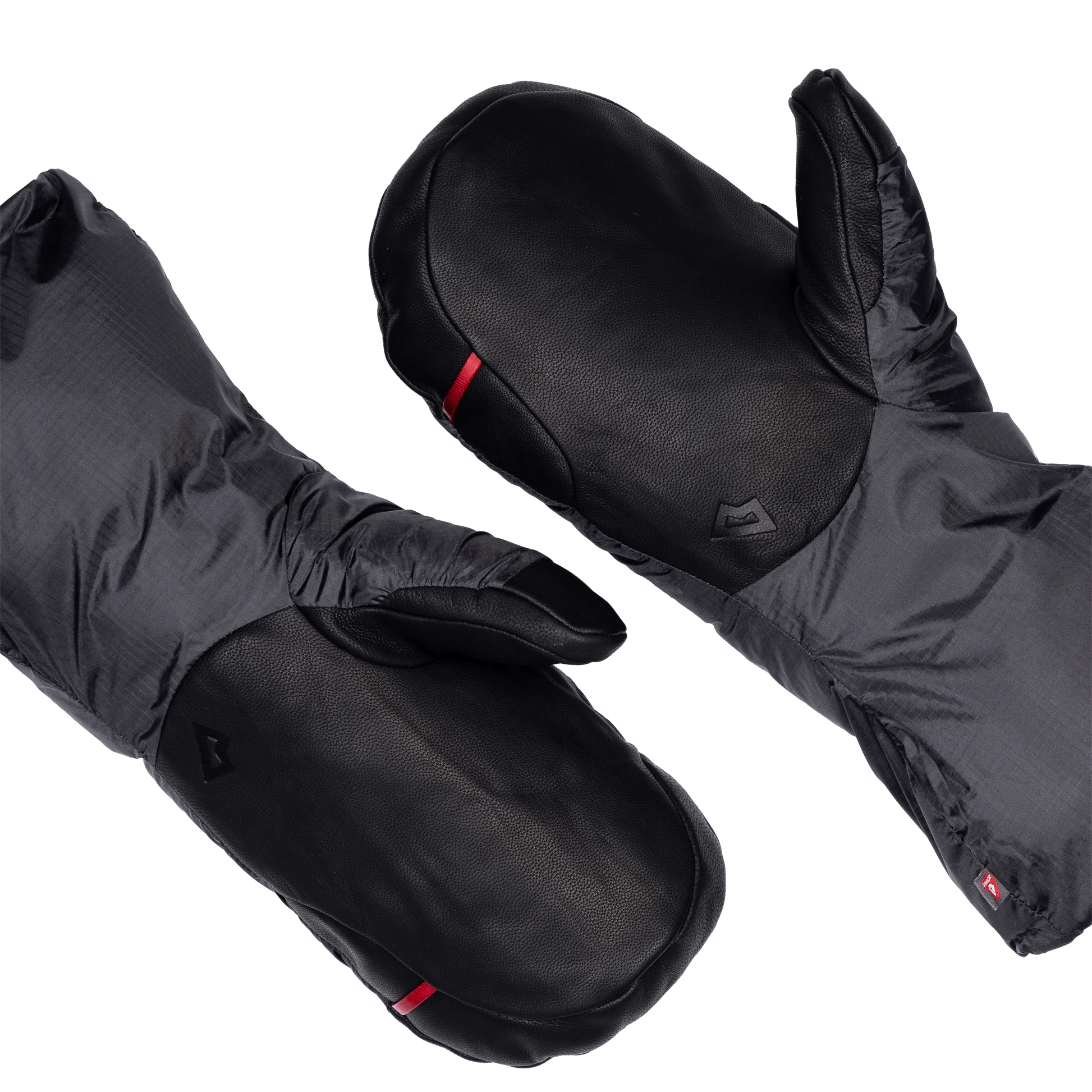 Mountain Equipment Redline Mitt in Obsidian/Black - paired diagonal palm view showing water-resistant goatskin leather reinforcements