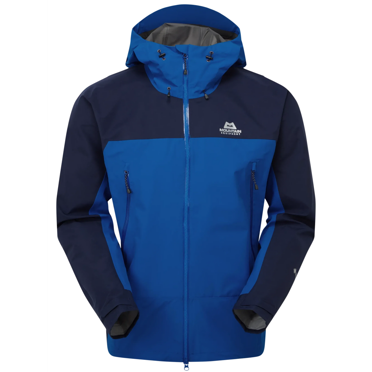 Mountain Equipment Saltoro GORE-TEX Men's Jacket in Acid/Fir Green - front view showing hybrid GORE-TEX and GORE-TEX Paclite construction
