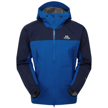 Mountain Equipment Saltoro GORE-TEX Men's Jacket in Acid/Fir Green - front view showing hybrid GORE-TEX and GORE-TEX Paclite construction