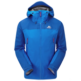 Mountain Equipment Saltoro GORE-TEX Men's Jacket in Lapis Blue/DK Ocean - front view showing hybrid GORE-TEX and GORE-TEX Paclite construction