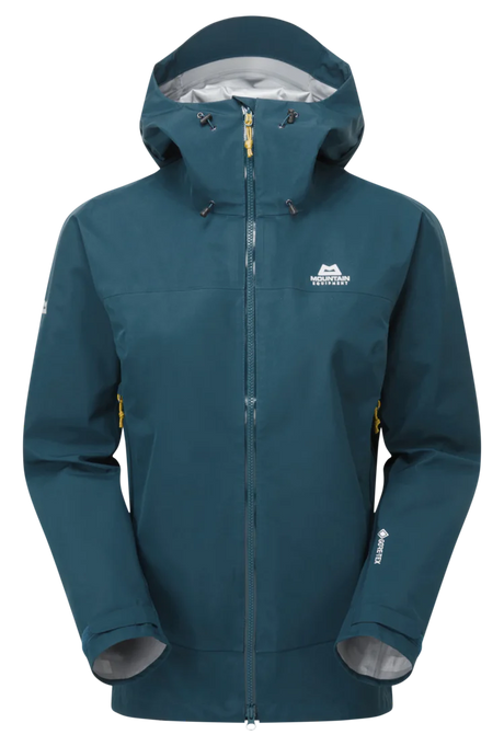Mountain Equipment Saltoro GORE-TEX Women's Jacket in Stellar Blue/Majolica Blue - back view showing dropped rear hem and articulated pre-shaped sleeves
