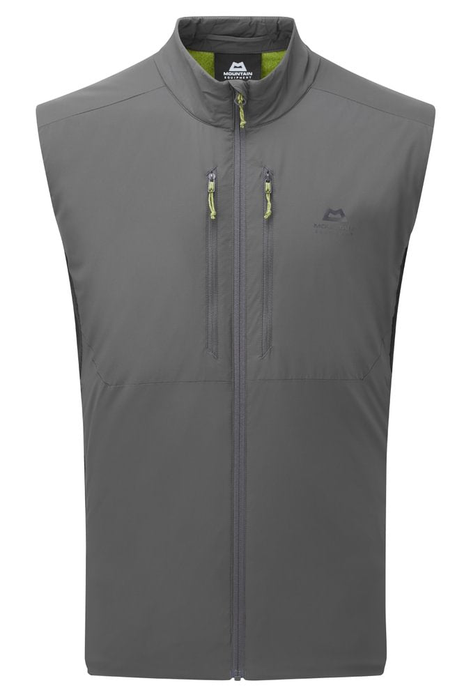 Mountain Equipment Switch Men's Vest in Anvil Grey - front view showing 20D RS Nylon outer and Octayarn warp-knit lining