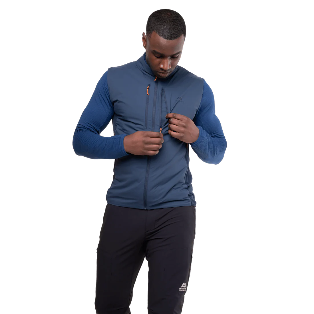 Mountain Equipment Switch Men's Vest in Dusk/Cosmos - detail view showing YKK centre front zip and zipped chest pocket