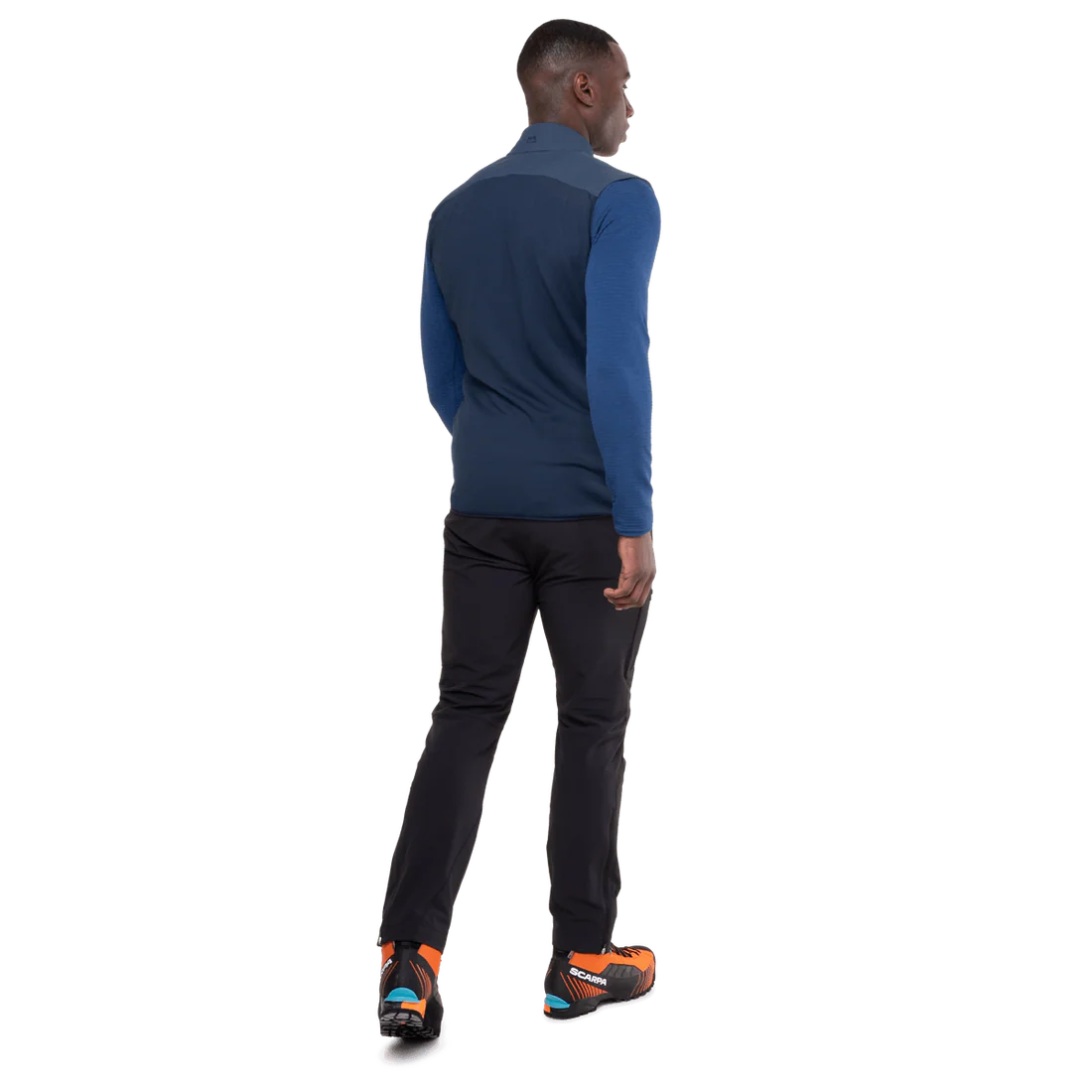 Mountain Equipment Switch Men's Vest in Dusk/Cosmos - detail view showing elasticated armhole and flatlocked seam construction
