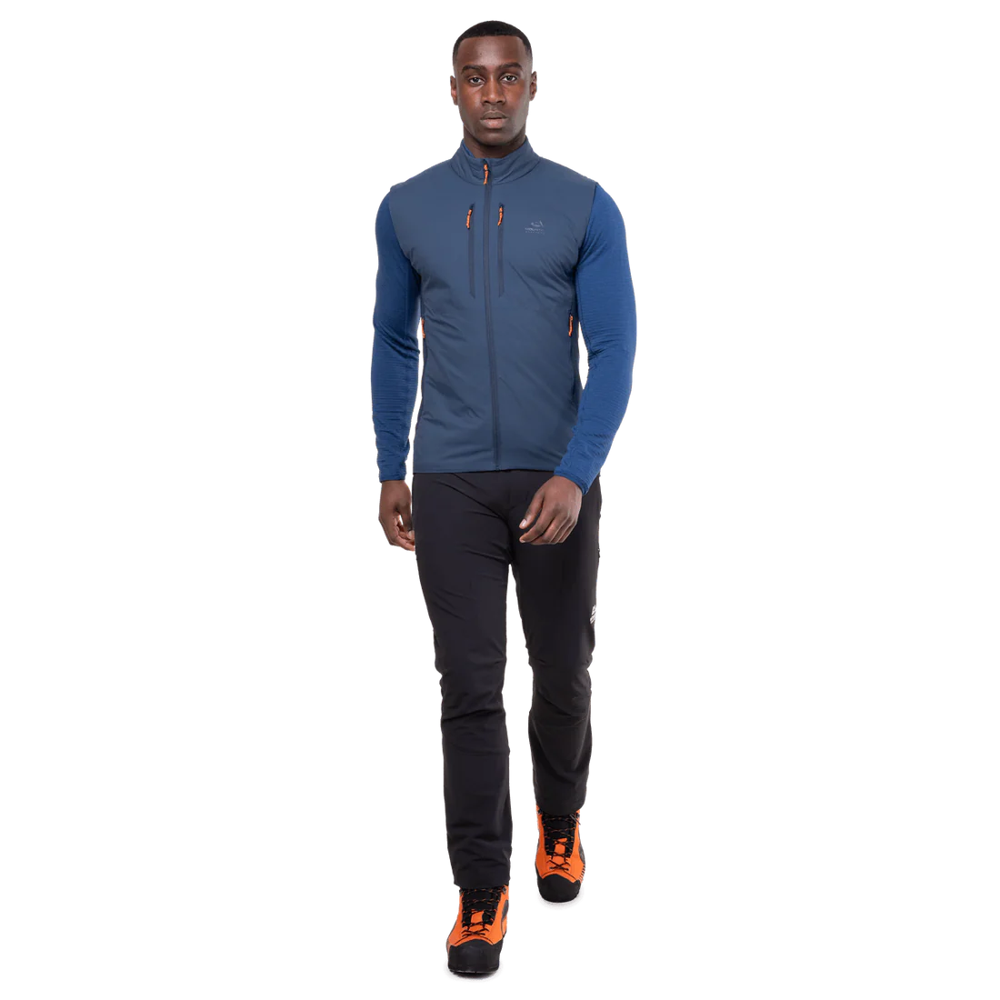 Mountain Equipment Switch Men's Vest in Dusk/Cosmos - side view showing active fit and low bulk elastane bound hem